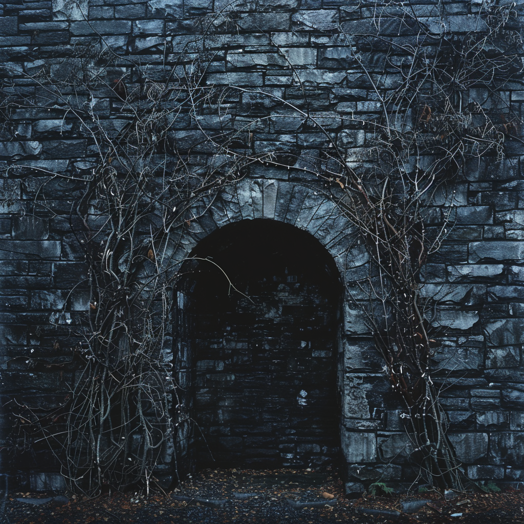 Stone wall with vines archway