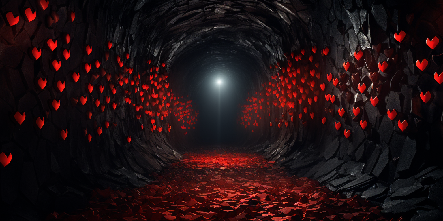 Bright red love hearts in dark tunnel