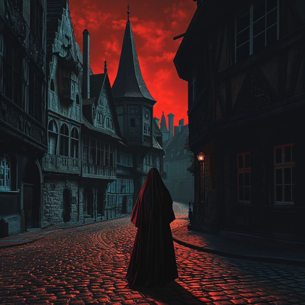 Dark Veiled Nun Walking Cobblestone City