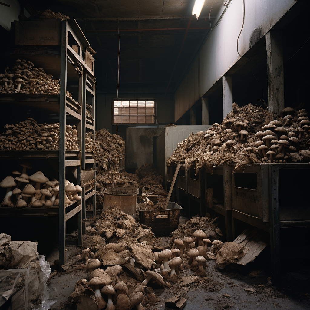 Mushrooms in dark warehouse