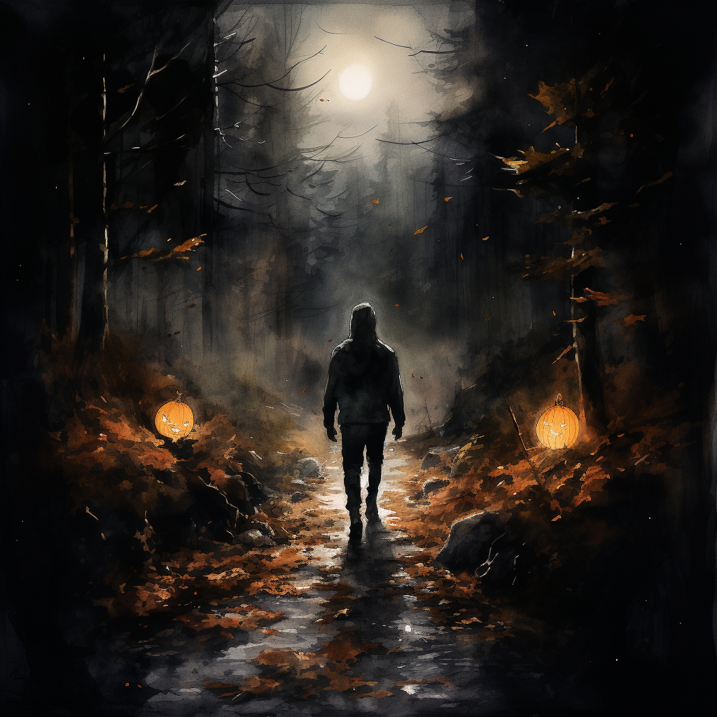 Man walking with jack o lantern at night