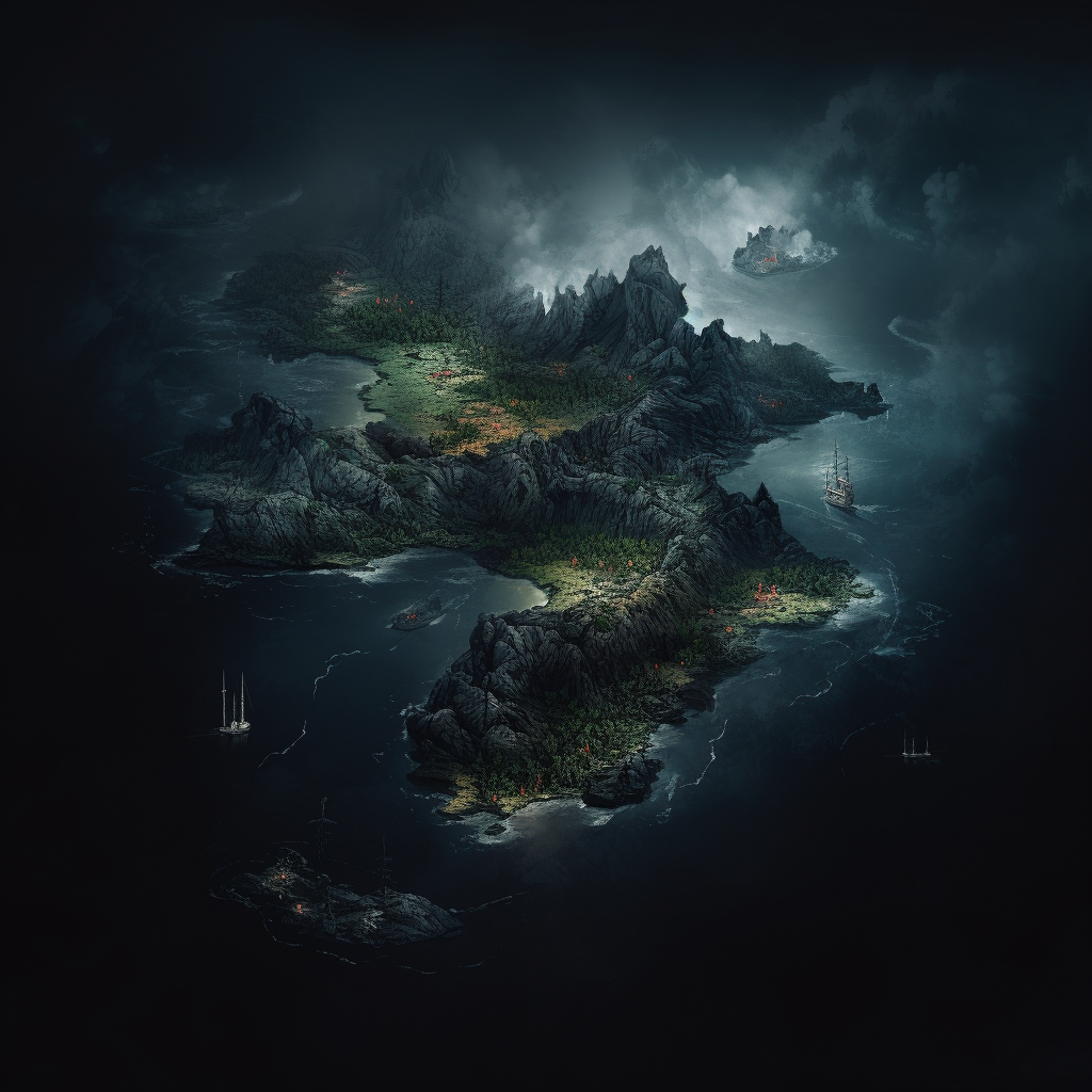 Island on Map in Dark Waters