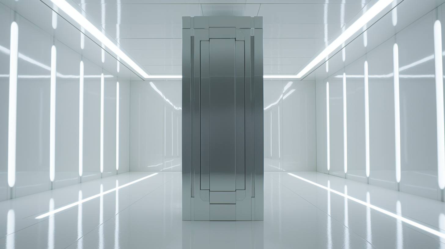 Imposing monolith in eerie white room  ?