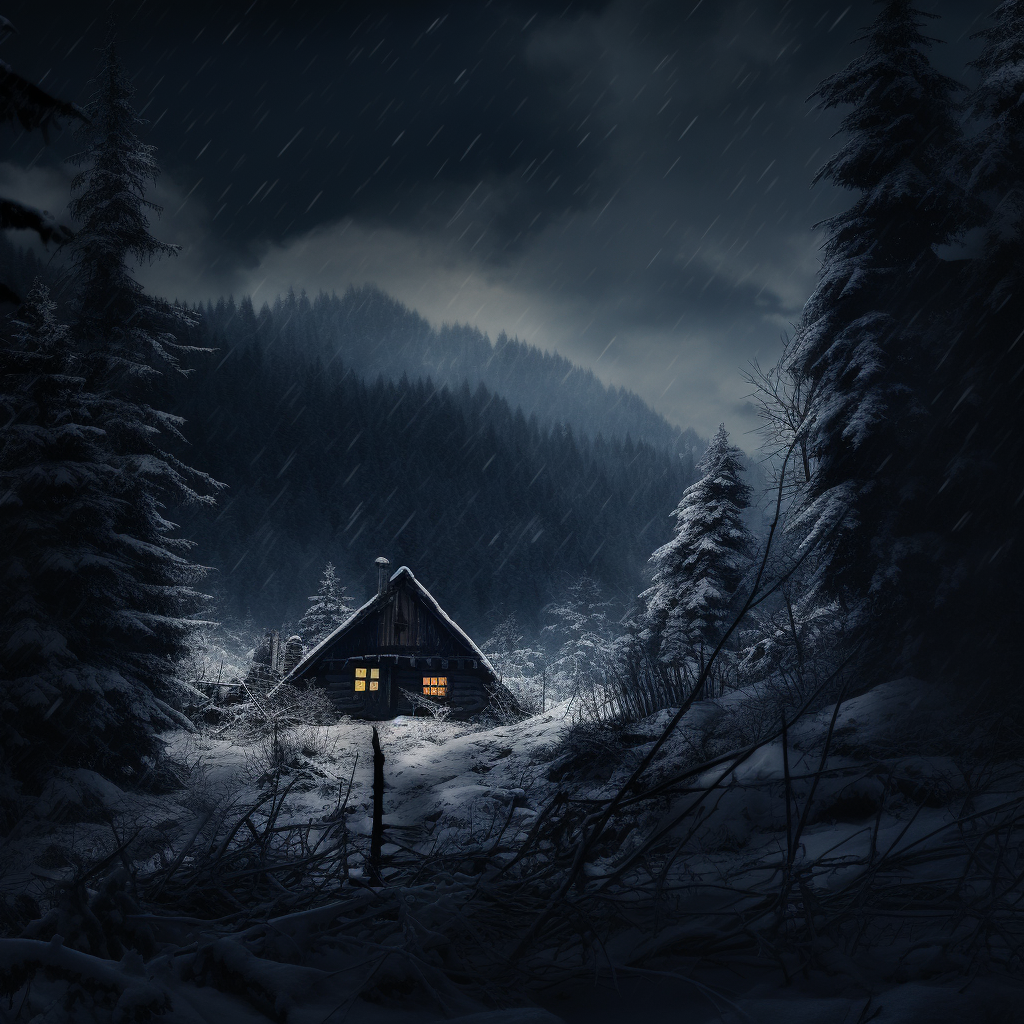 Hut surrounded by dark winter forest