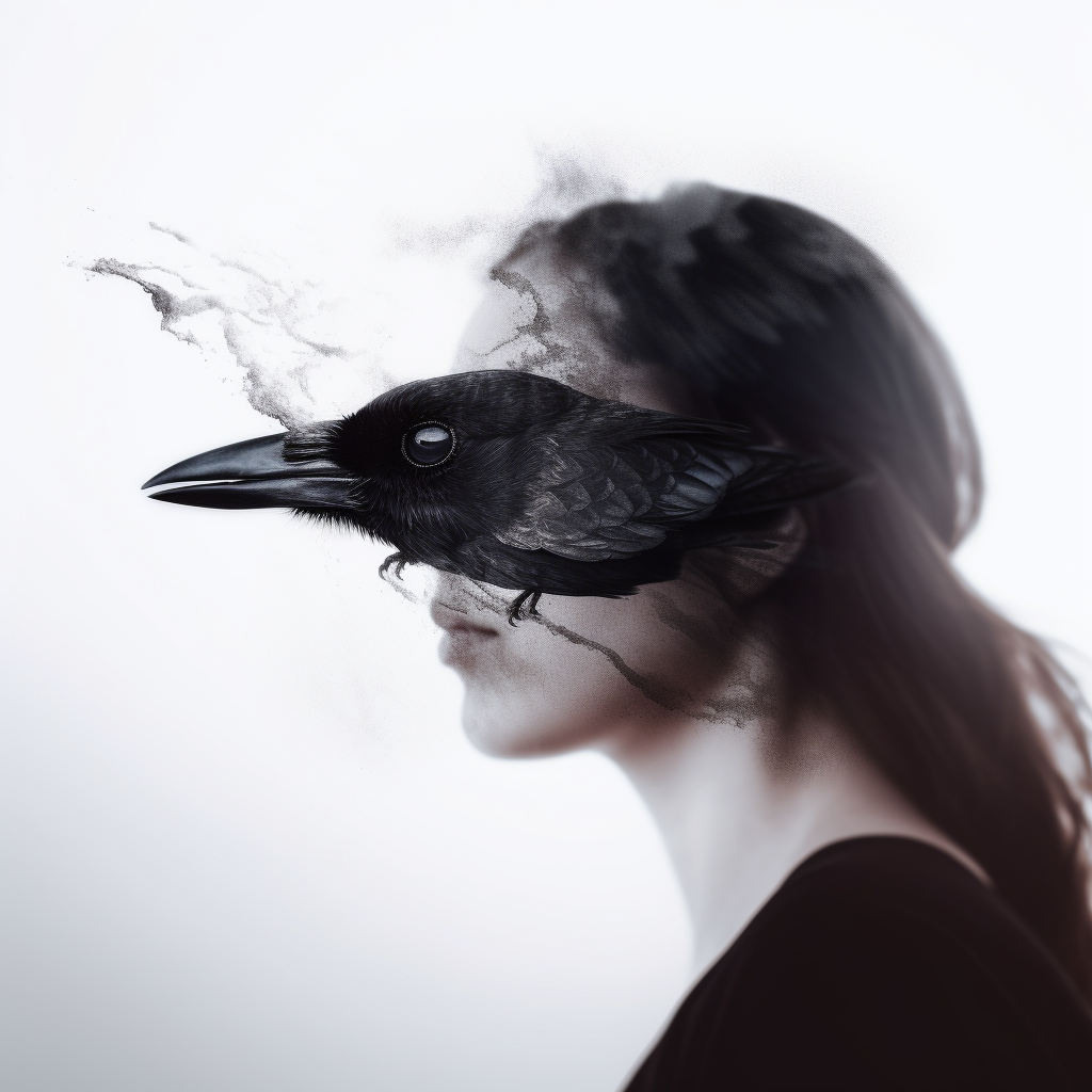 Double exposure of dark witch and crow