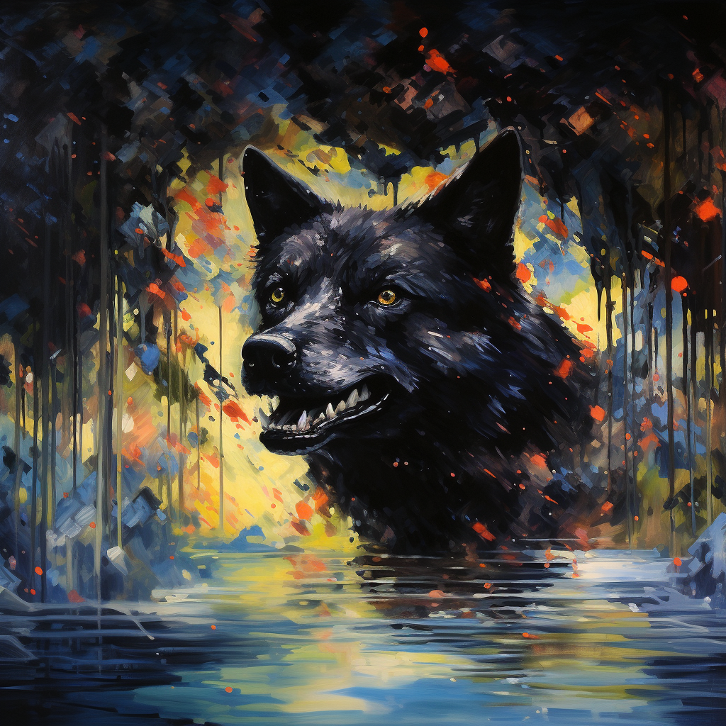 Abstract painting of a dark wolf underwater