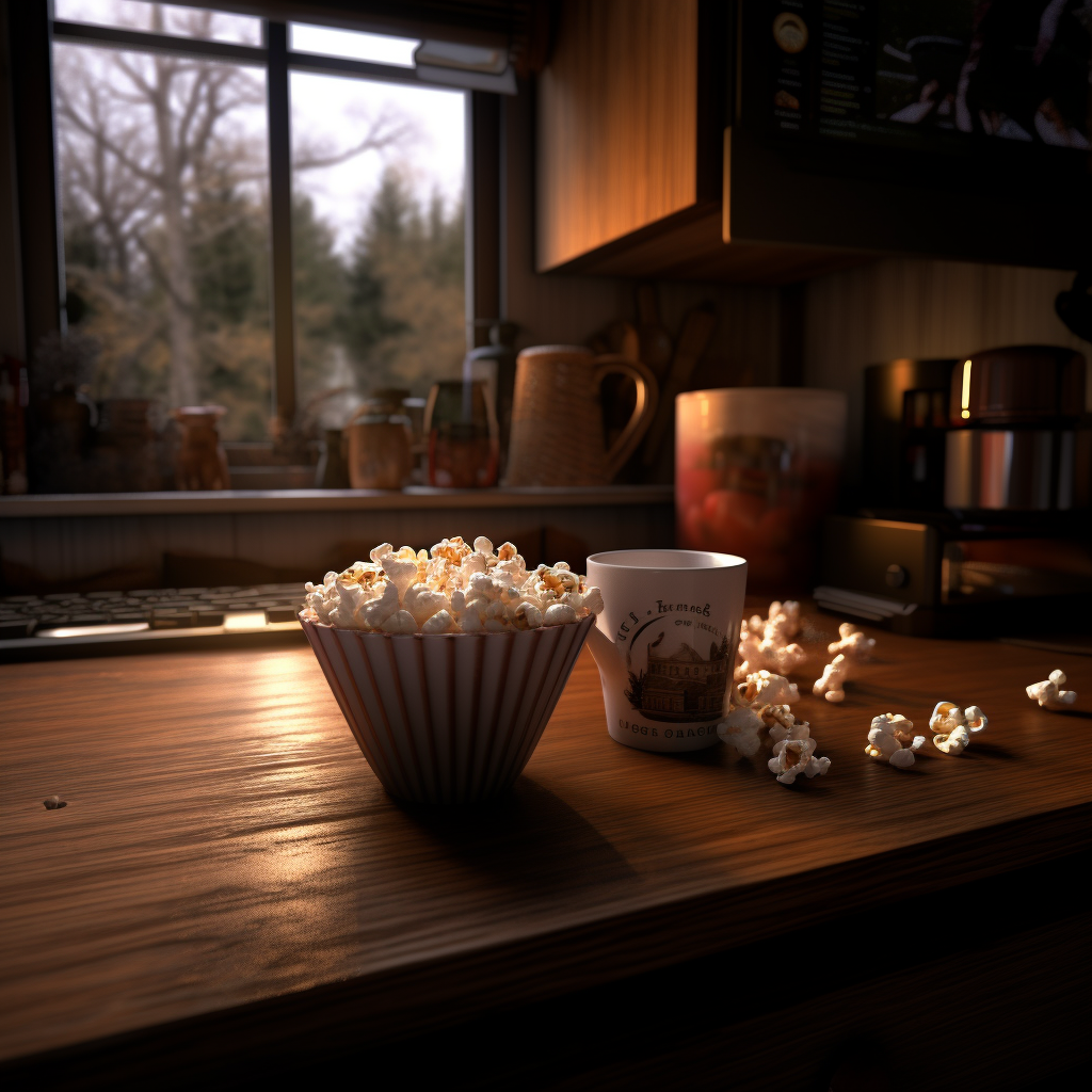 A cup of hot chocolate and scattered popcorn on a dark wood countertop