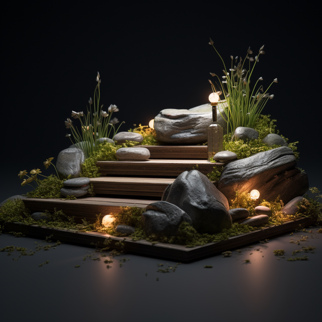 Nighttime Samurai-themed Wood Platform with Pebble Rocks ?