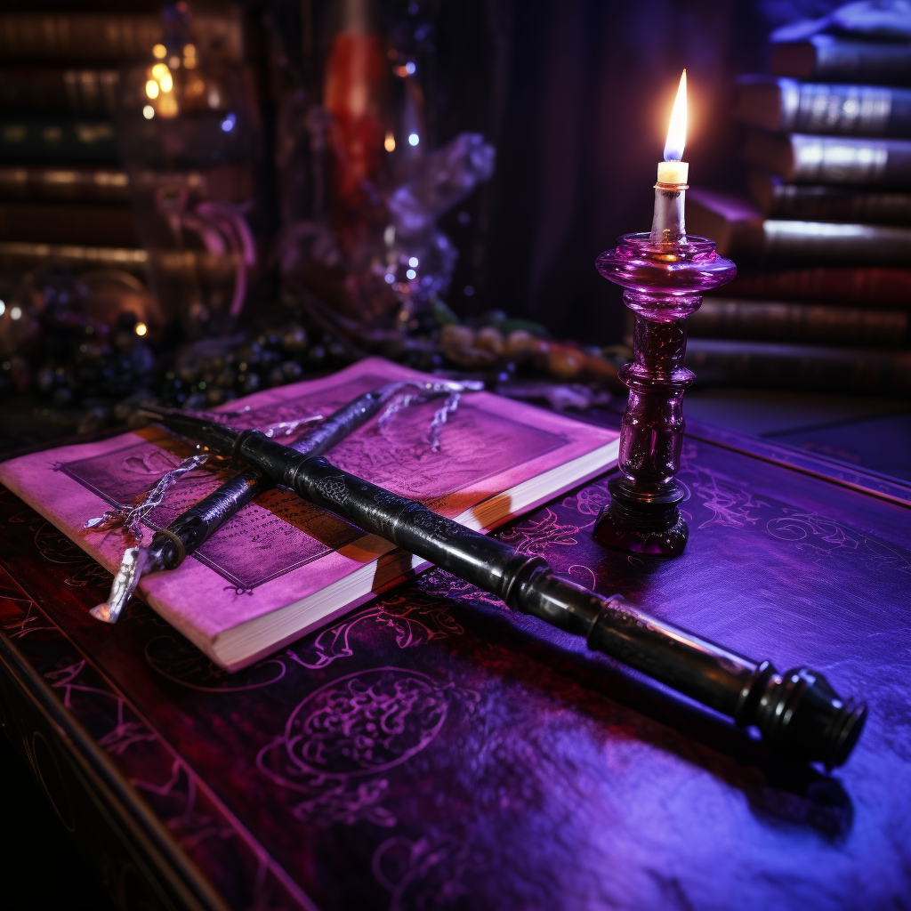 Long skinny magical wand on wizard desk