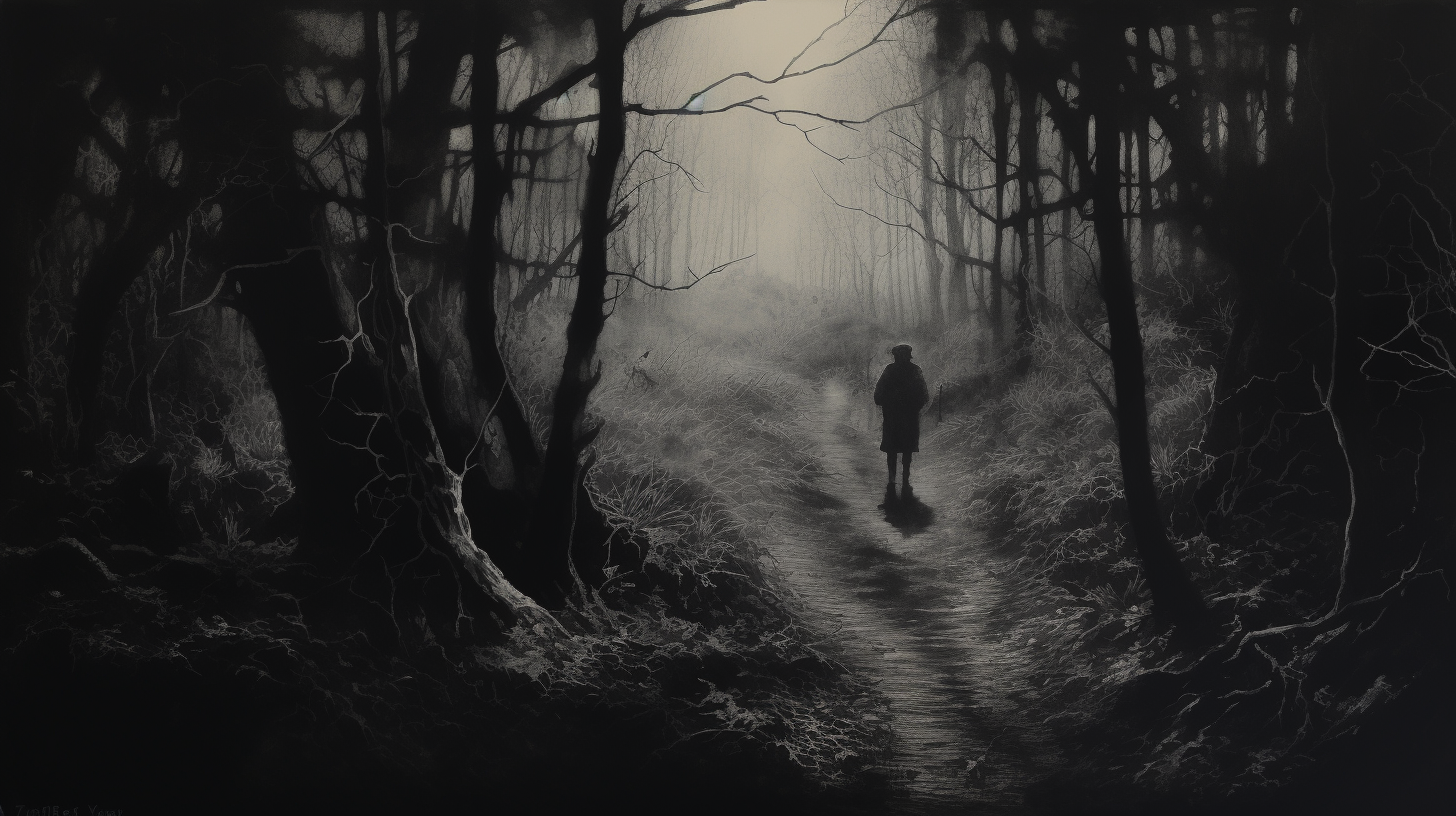 Pencil Drawing of Lost in Dark Woods