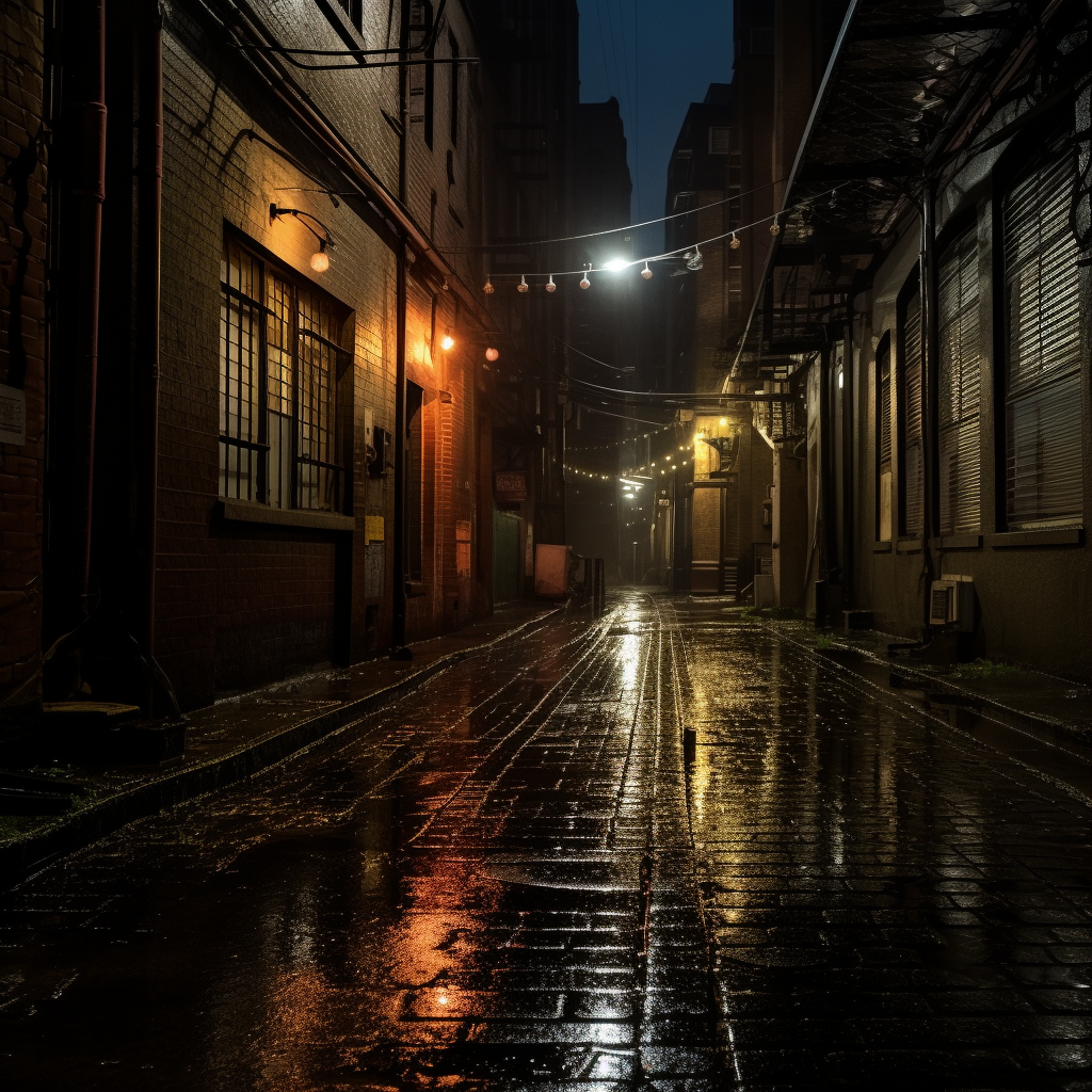 Dark alley with a streetlight in the rain