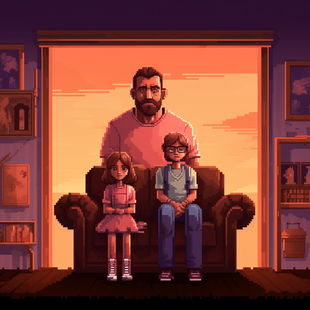 Retro horror game style dad and daughter family photo