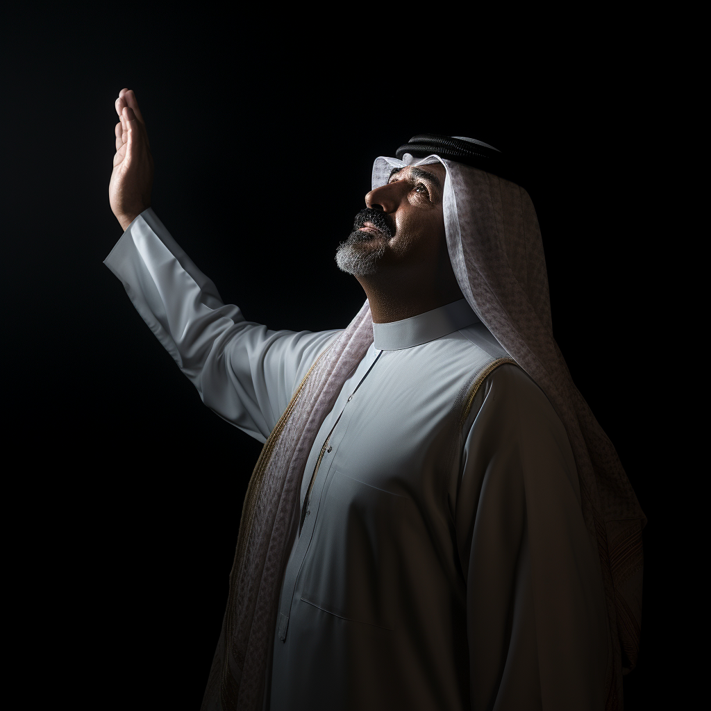 Kuwaiti man raising hand in dark background