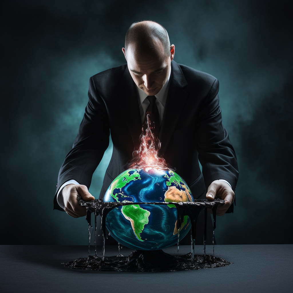 Man in dark suit sticking fork into globe