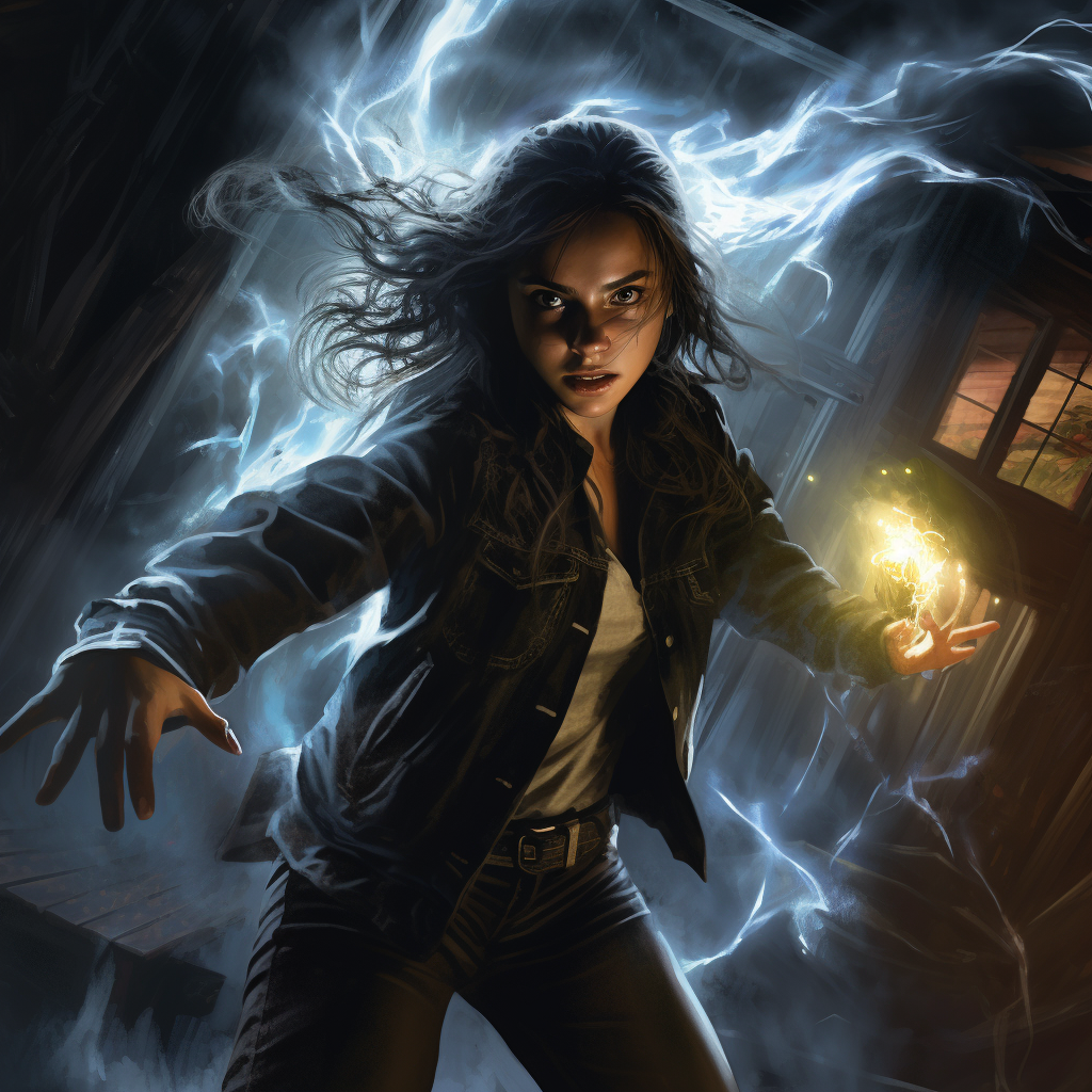 Teen Hispanic Girl harnessing powerful magic against ghost