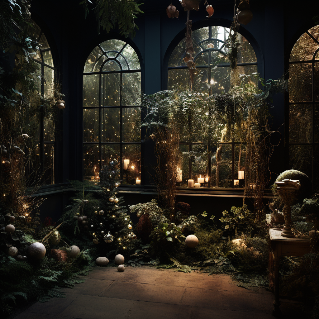 Mystical Christmas garden with botanical elements