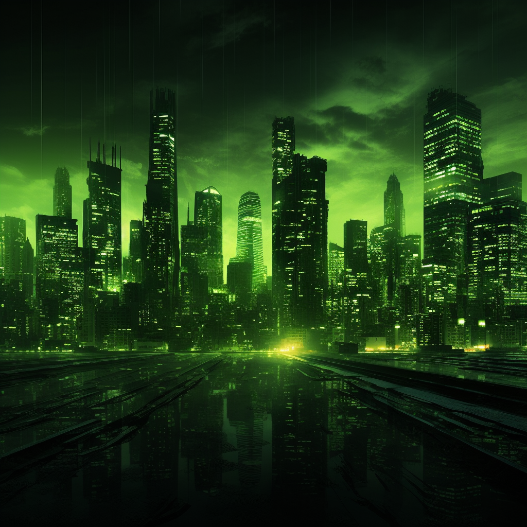 Dark textured city skyline on neon green background