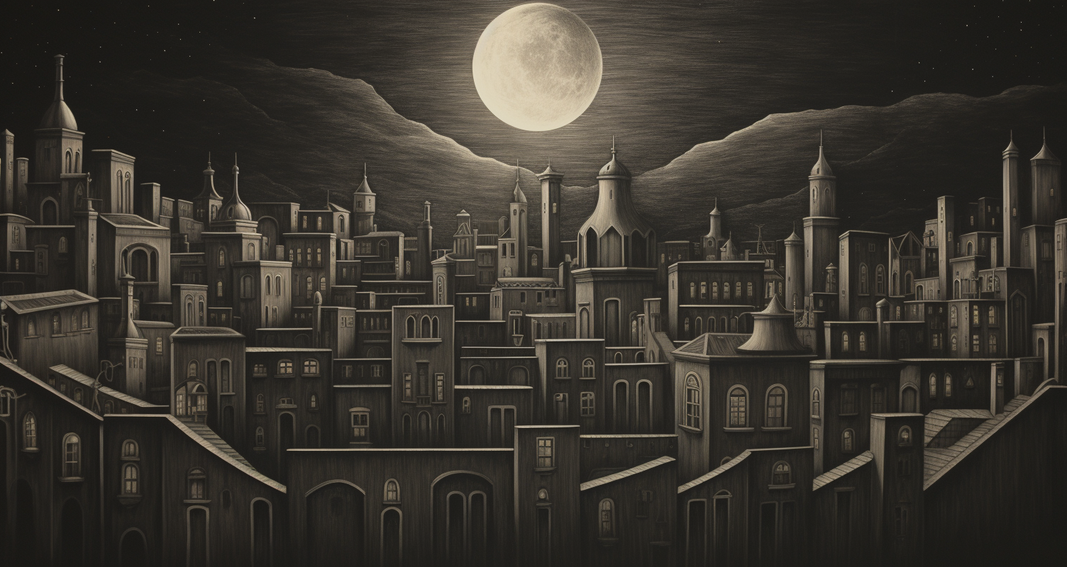 Dark city silhouette with moon