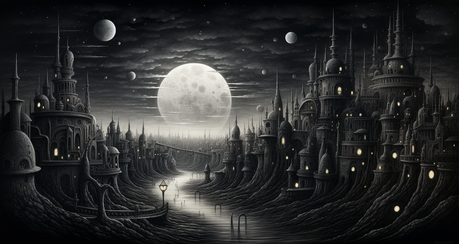 Dark city silhouette with moon by Jacek Yerka