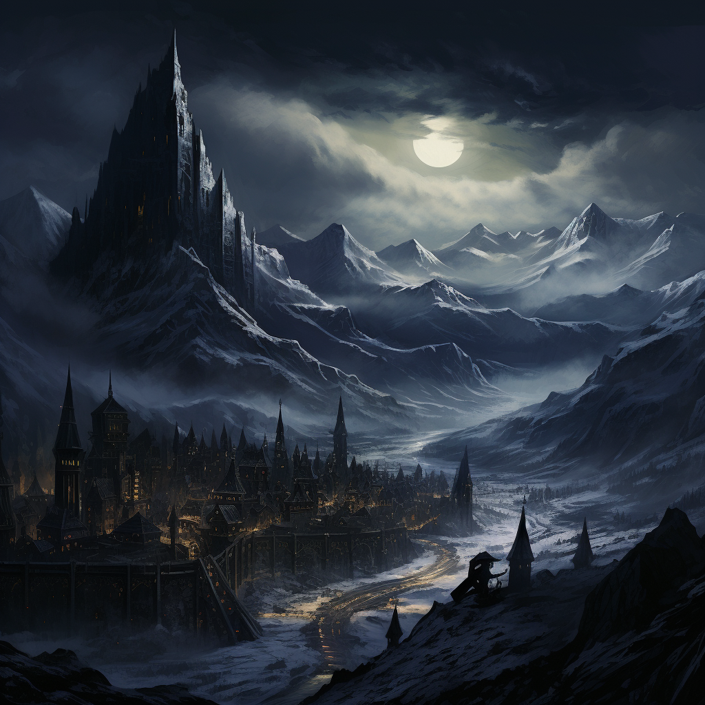 Dark city in front of snowy mountains