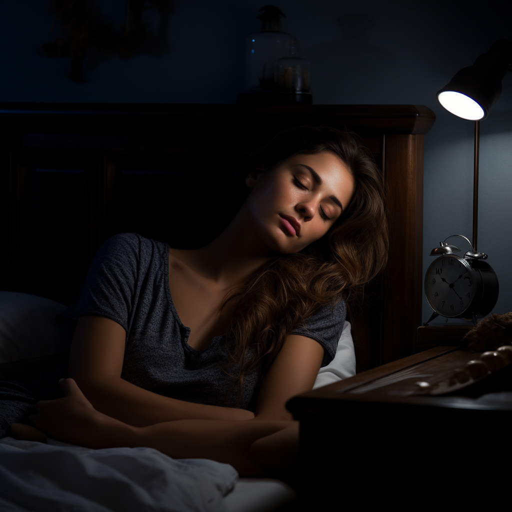 Young woman sleeping in dark dreamy bedroom