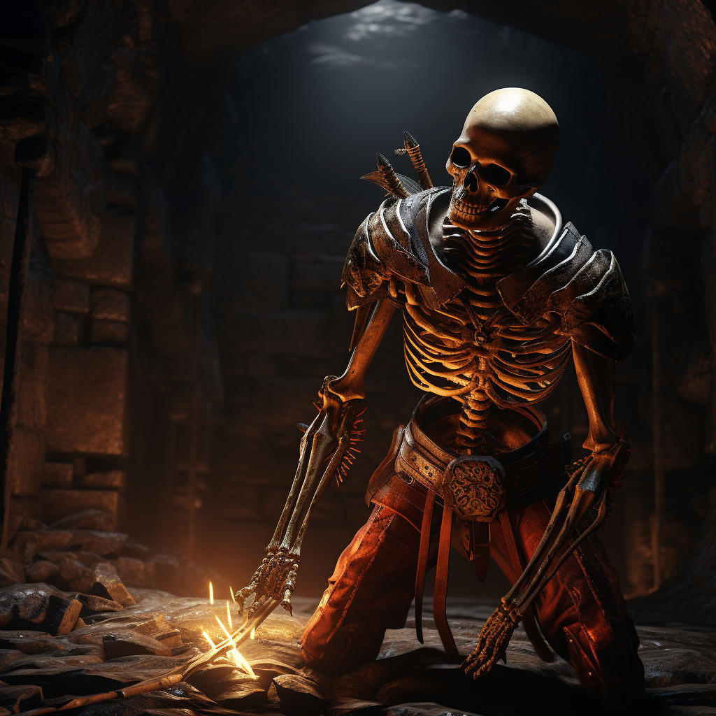 Skeleton shooting an arrow in dark dungeon