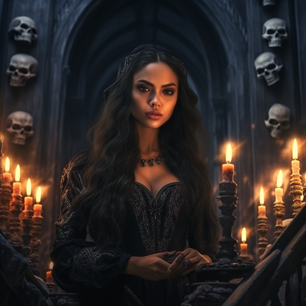 Beautiful goddess in dark fantasy cathedral