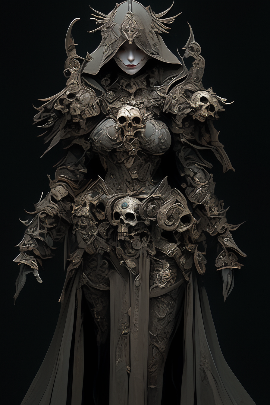 Mysterious dark fantasy female necromancer in unique body suit