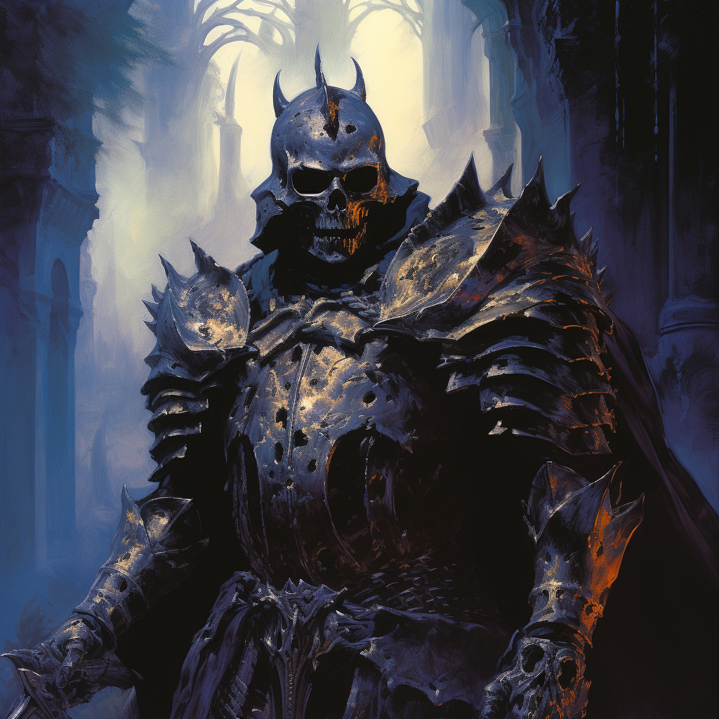 Dark knight in heavy bone armor casting spell