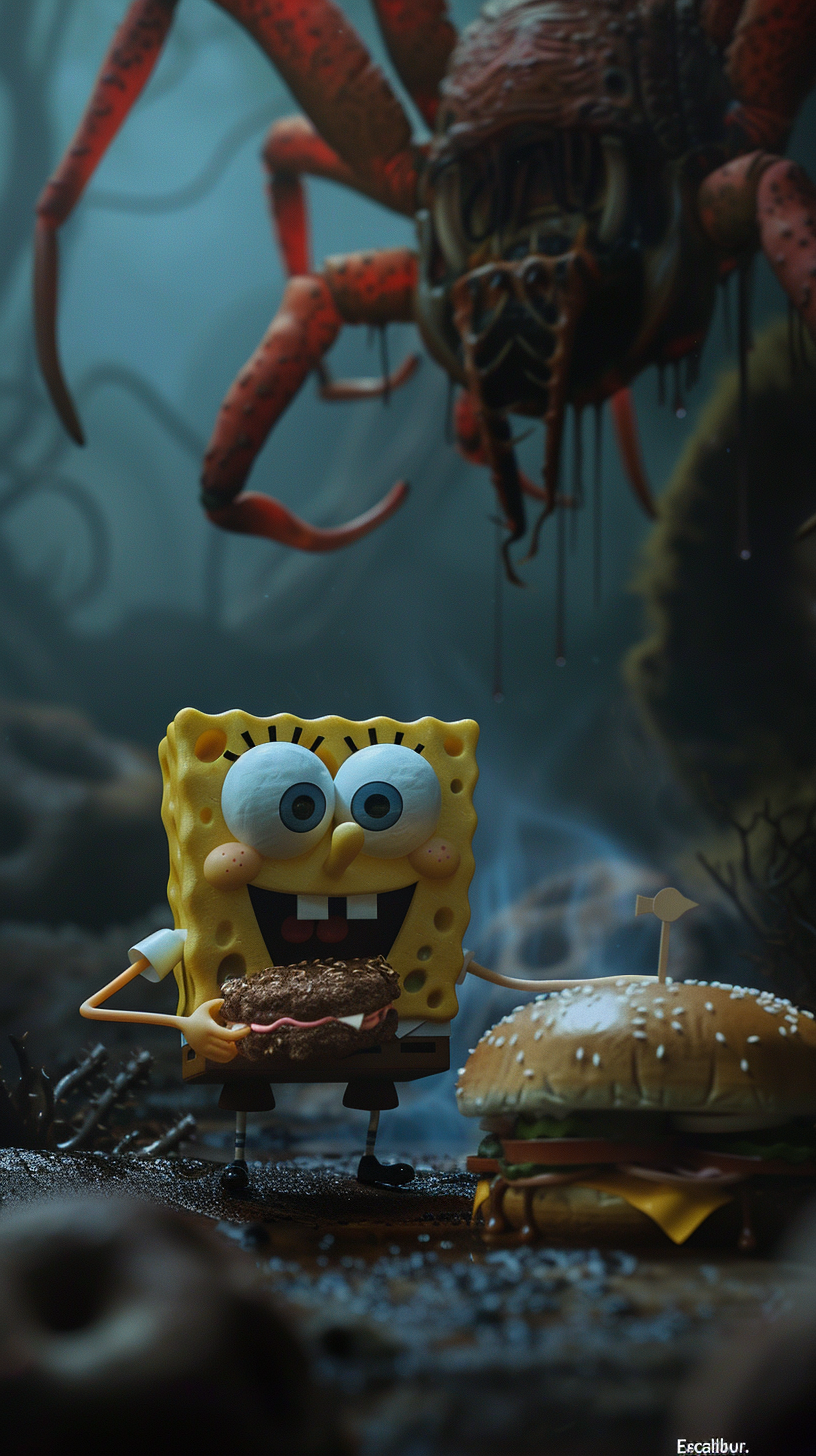 SpongeBob holding Krabby Patty burger