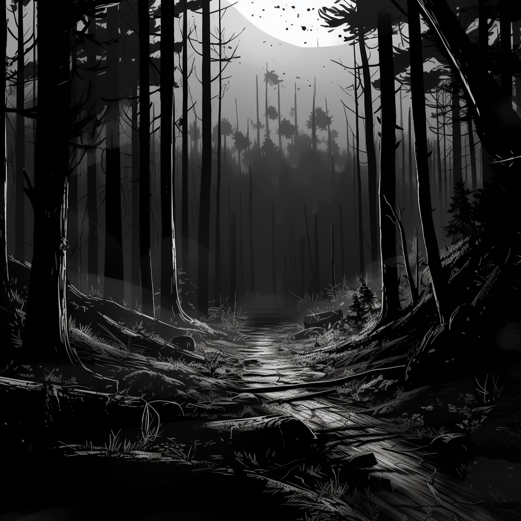 Animatic storyboard background of thick forest at night