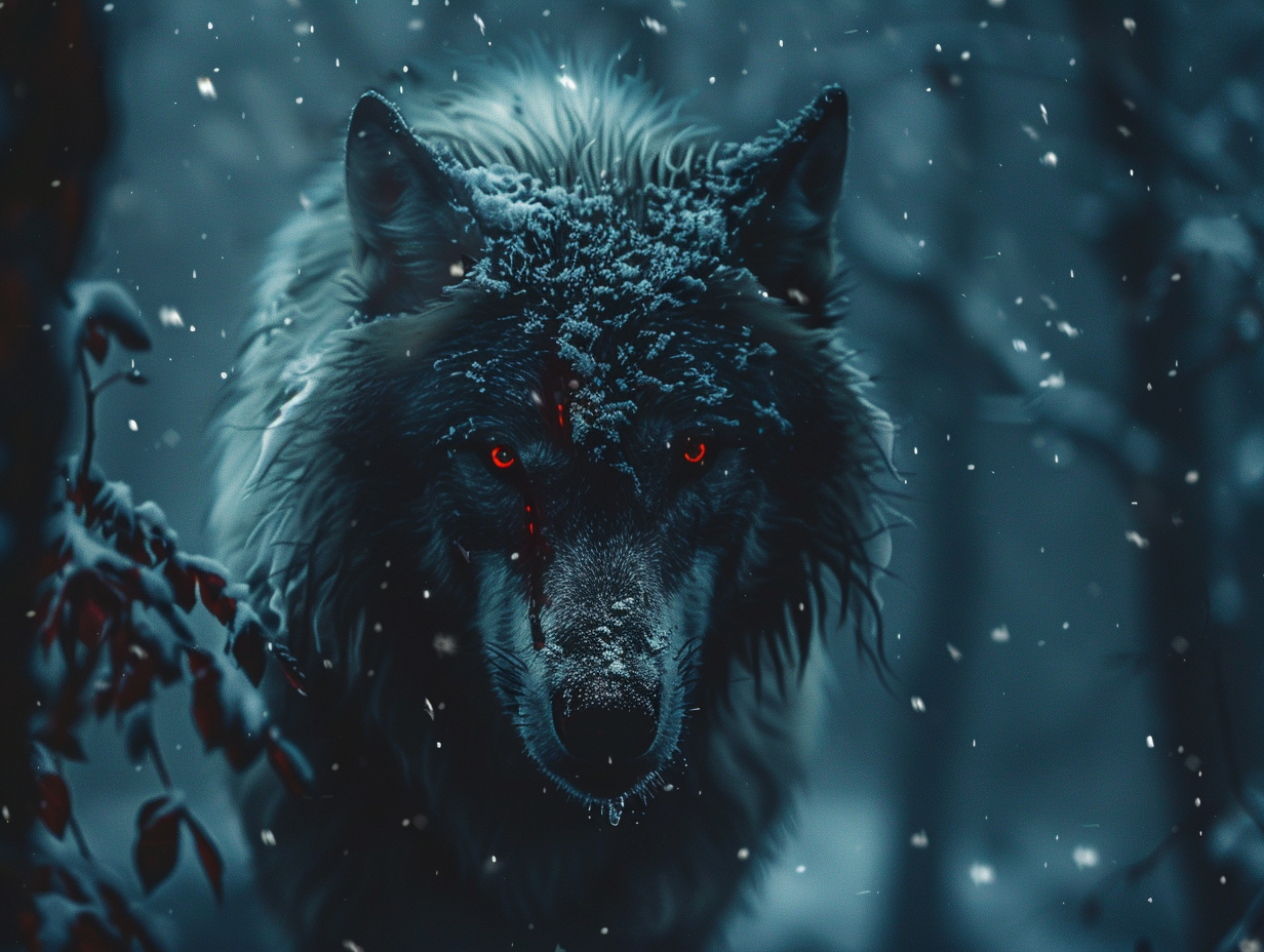 White werewolf in dark forest