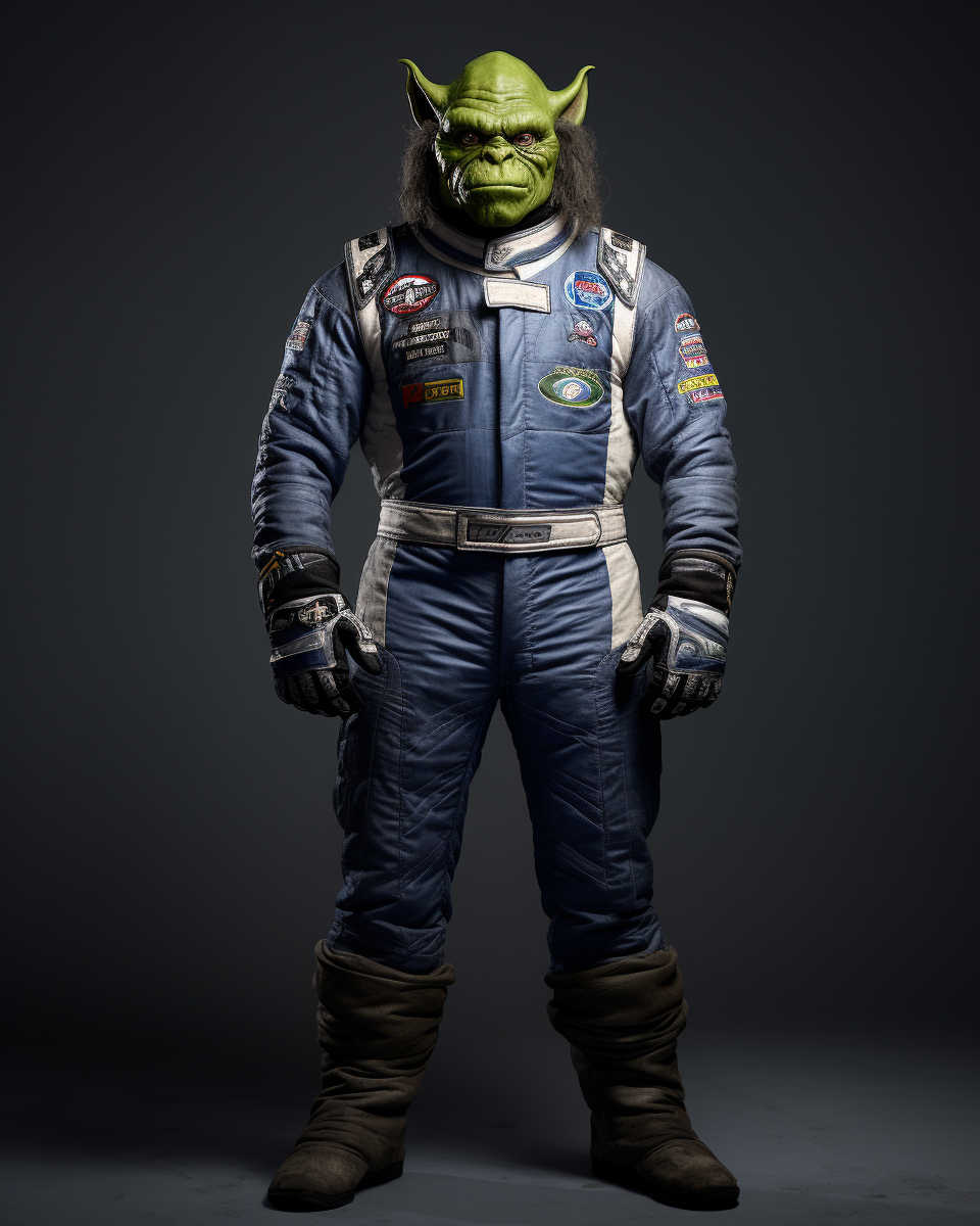Photorealistic image of dark green Orc in race car uniform