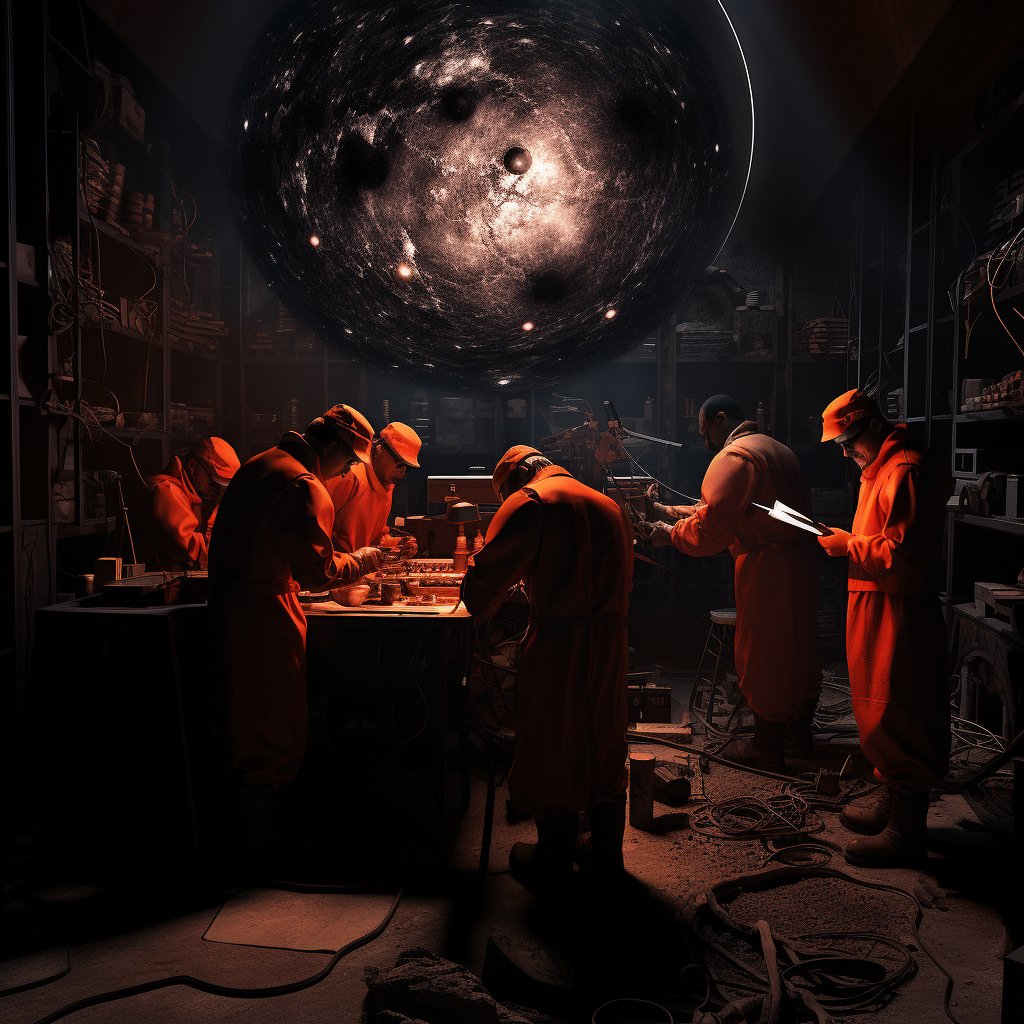 Scientists observing solar eclipse in dark laboratory