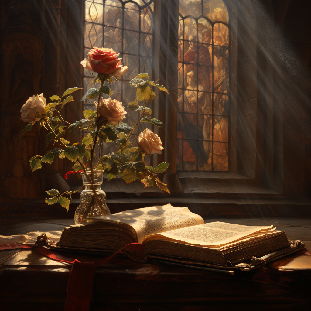 Mystical rose in dusty medieval monastery