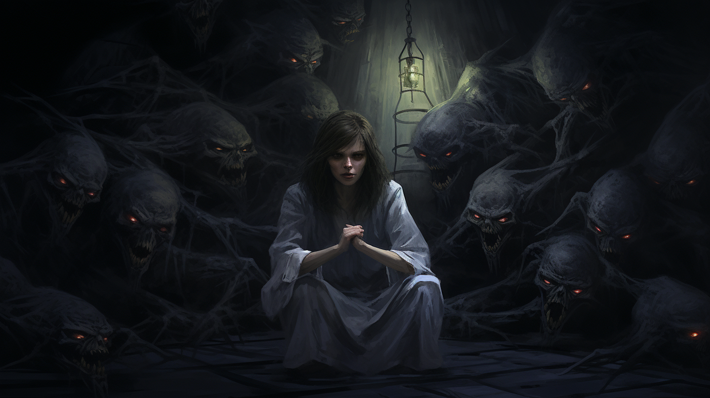 Woman surrounded by menacing monsters