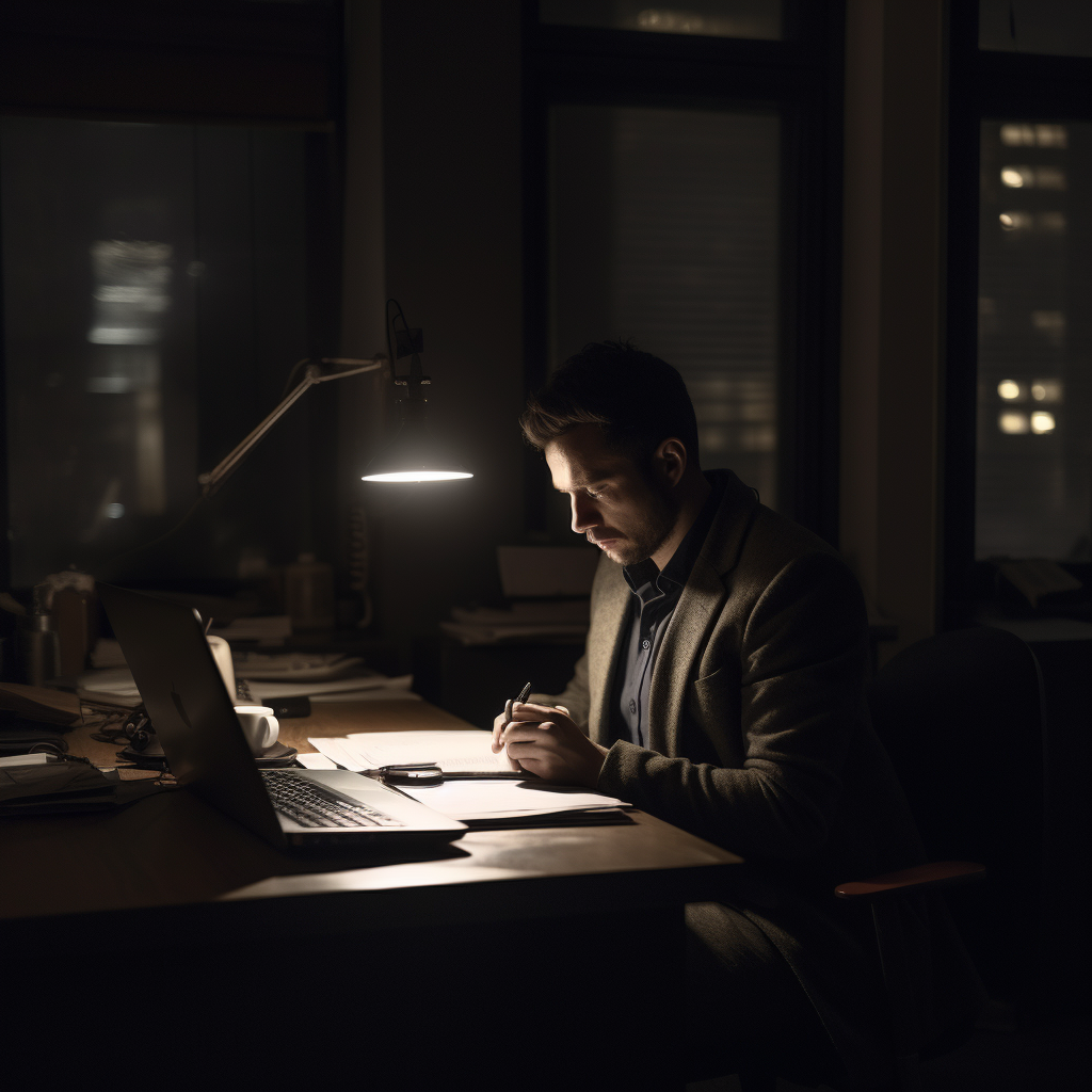 Office employee using laptop with phone torch