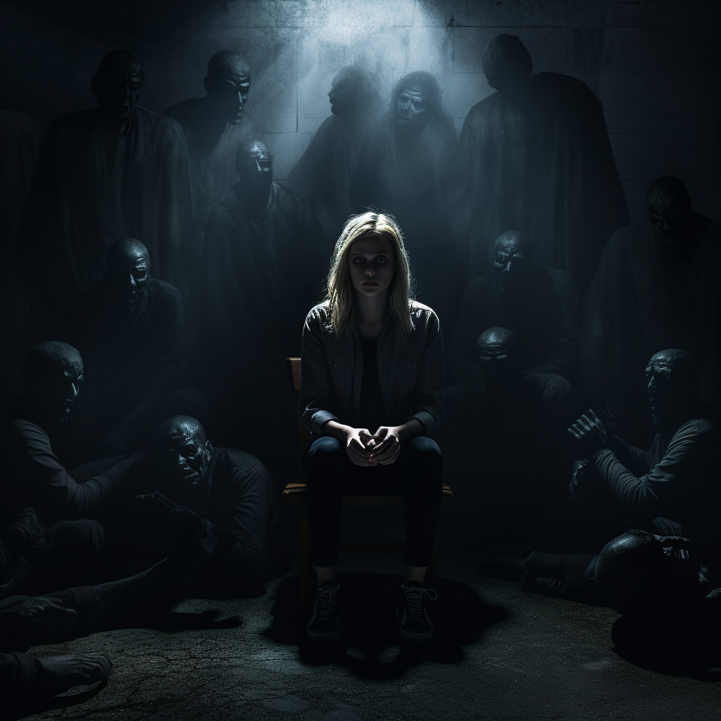 Woman surrounded by menacing figures in a dark place