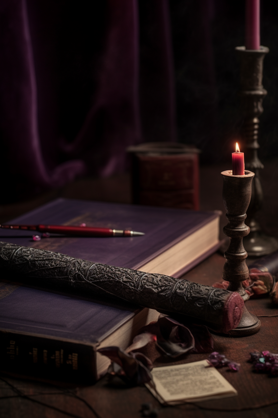 Magical wand on wizard desk