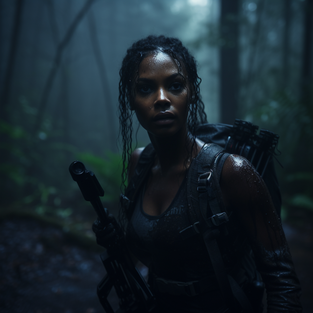 Black woman hunting in mysterious forest