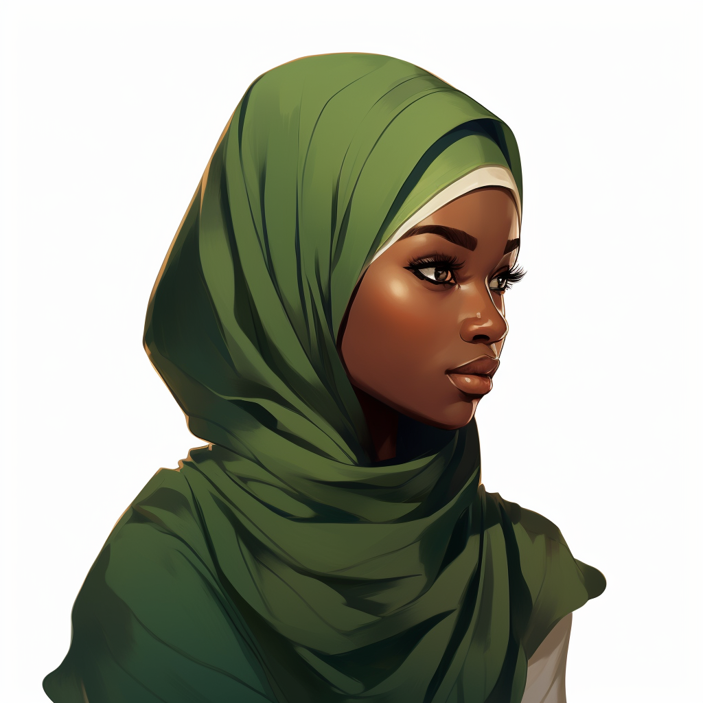 Silhouette of young hijabi woman studying in green dress