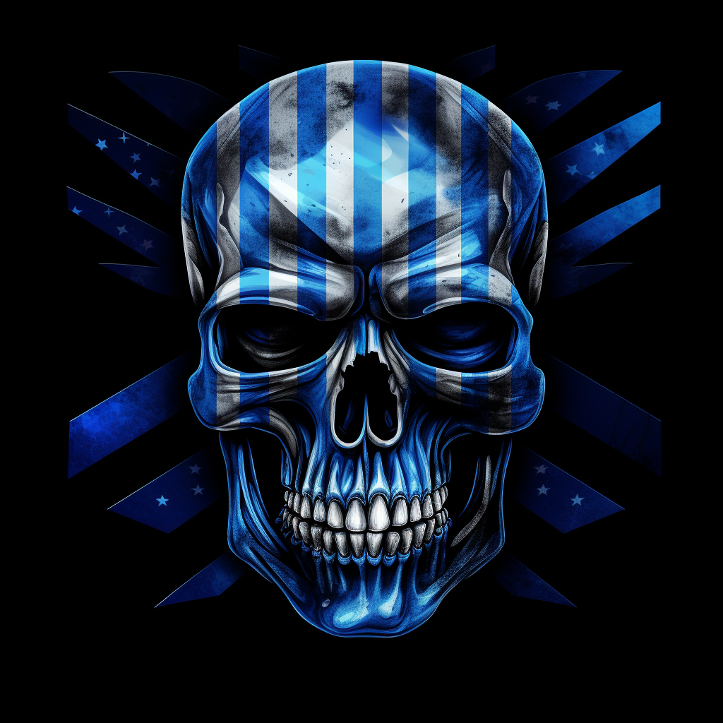 Dark skull with blue police stripe flag