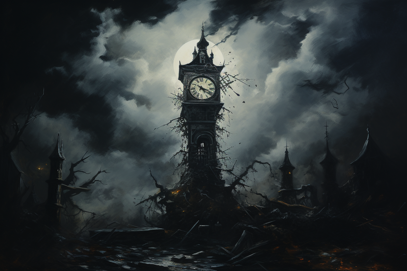 Dark spooky clocktower painting