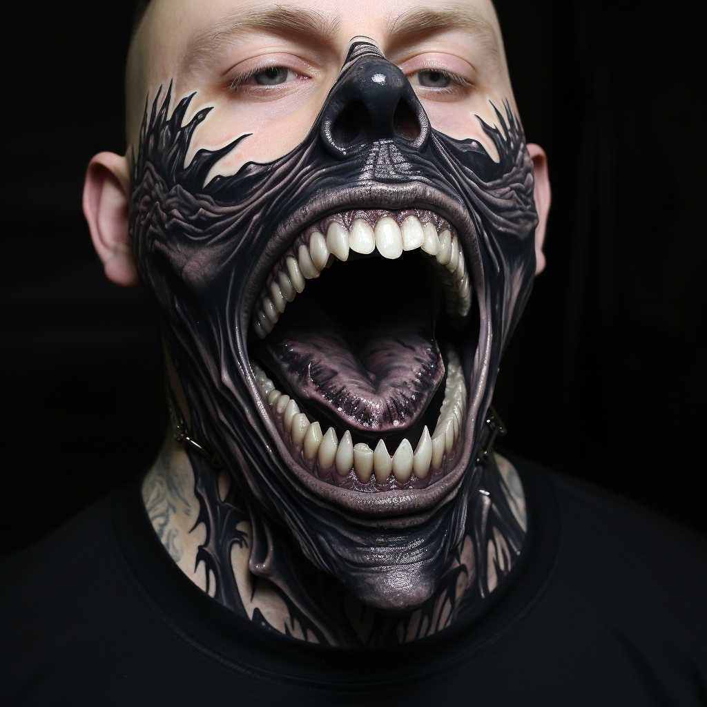 Dark spooky teeth throat tattoo