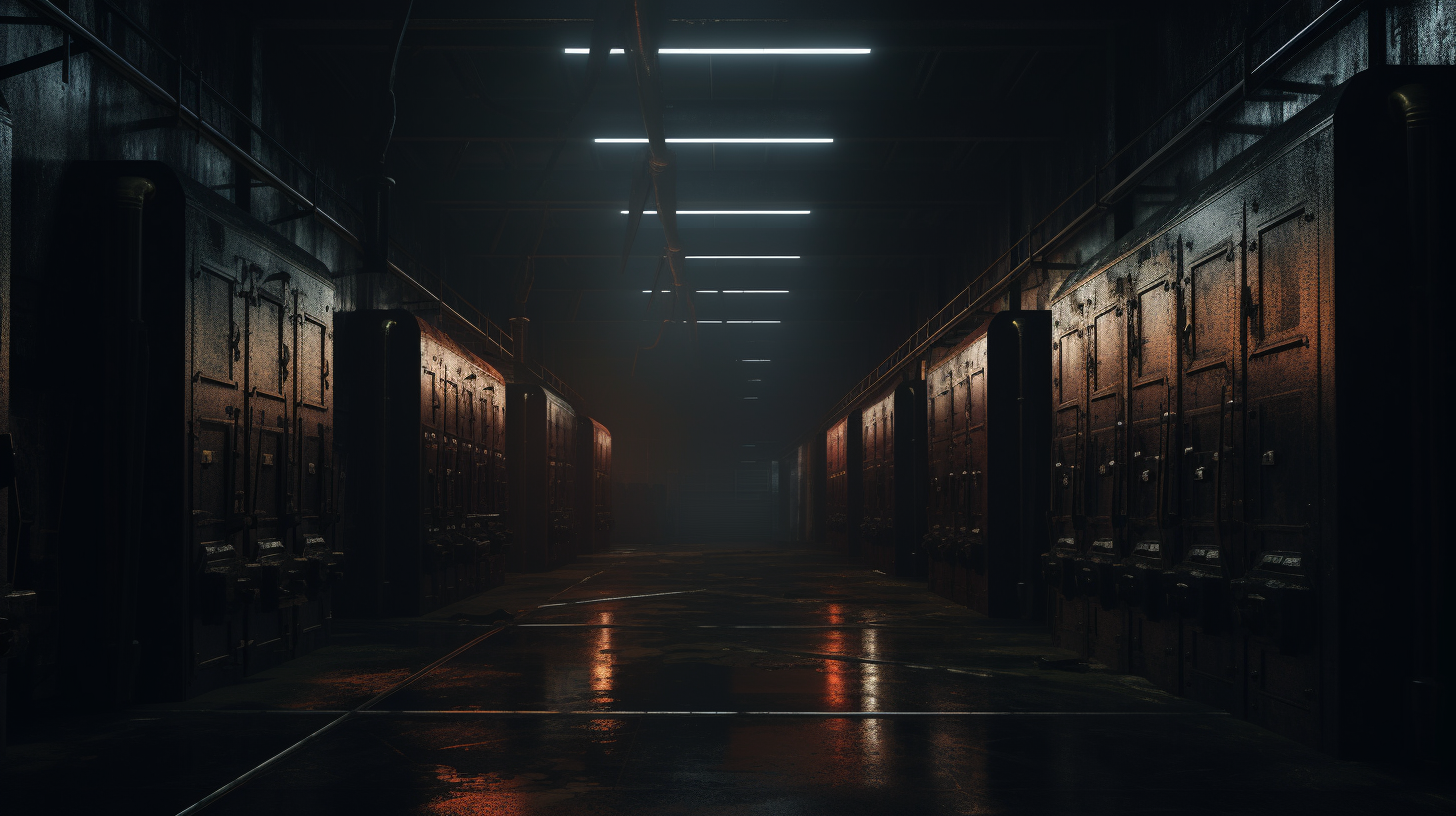 Interior of a creepy storage facility at night