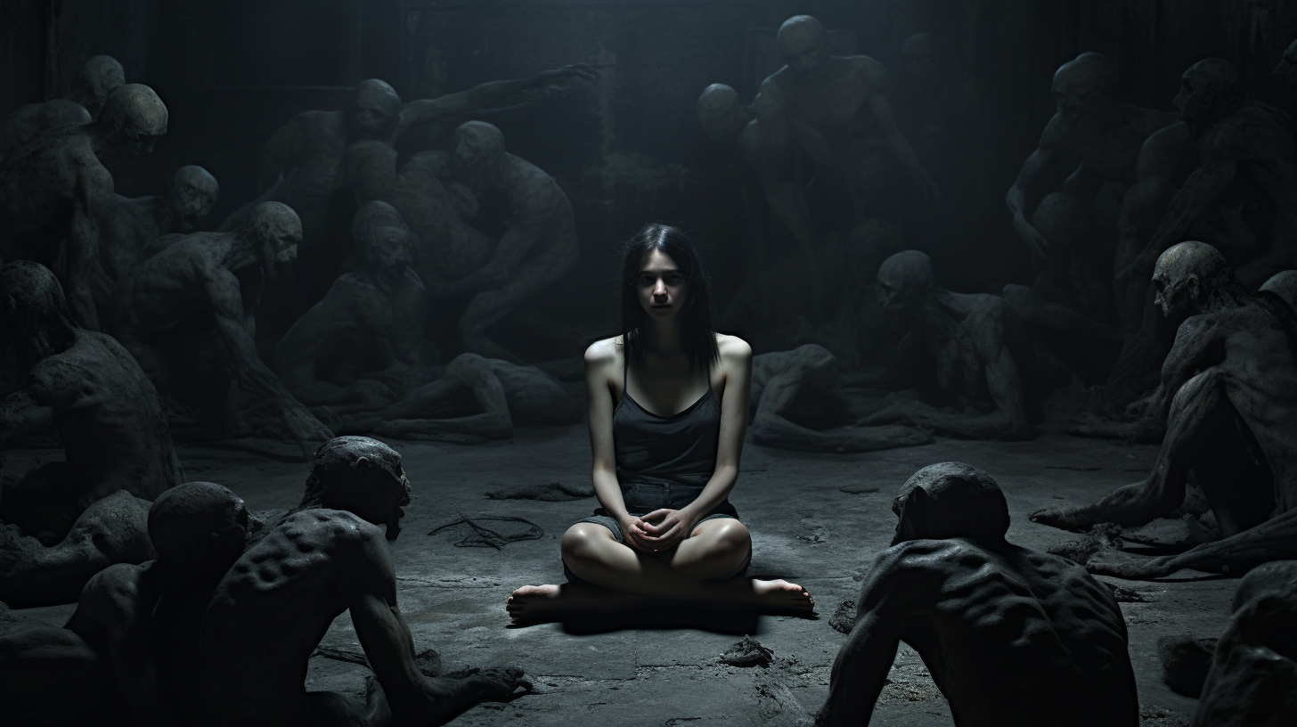 Woman surrounded by dark menacing figures