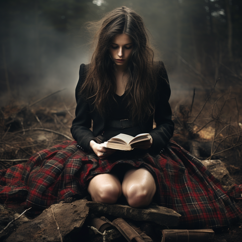 Redhead woman in dark grunge fashion with plaid skirt in dirt