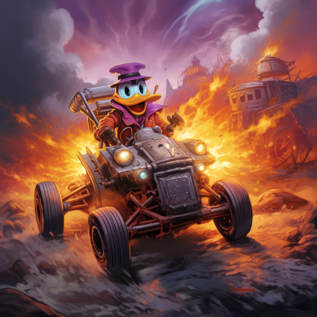 Darkwing Duck driving beach buggy vanishing in smoke