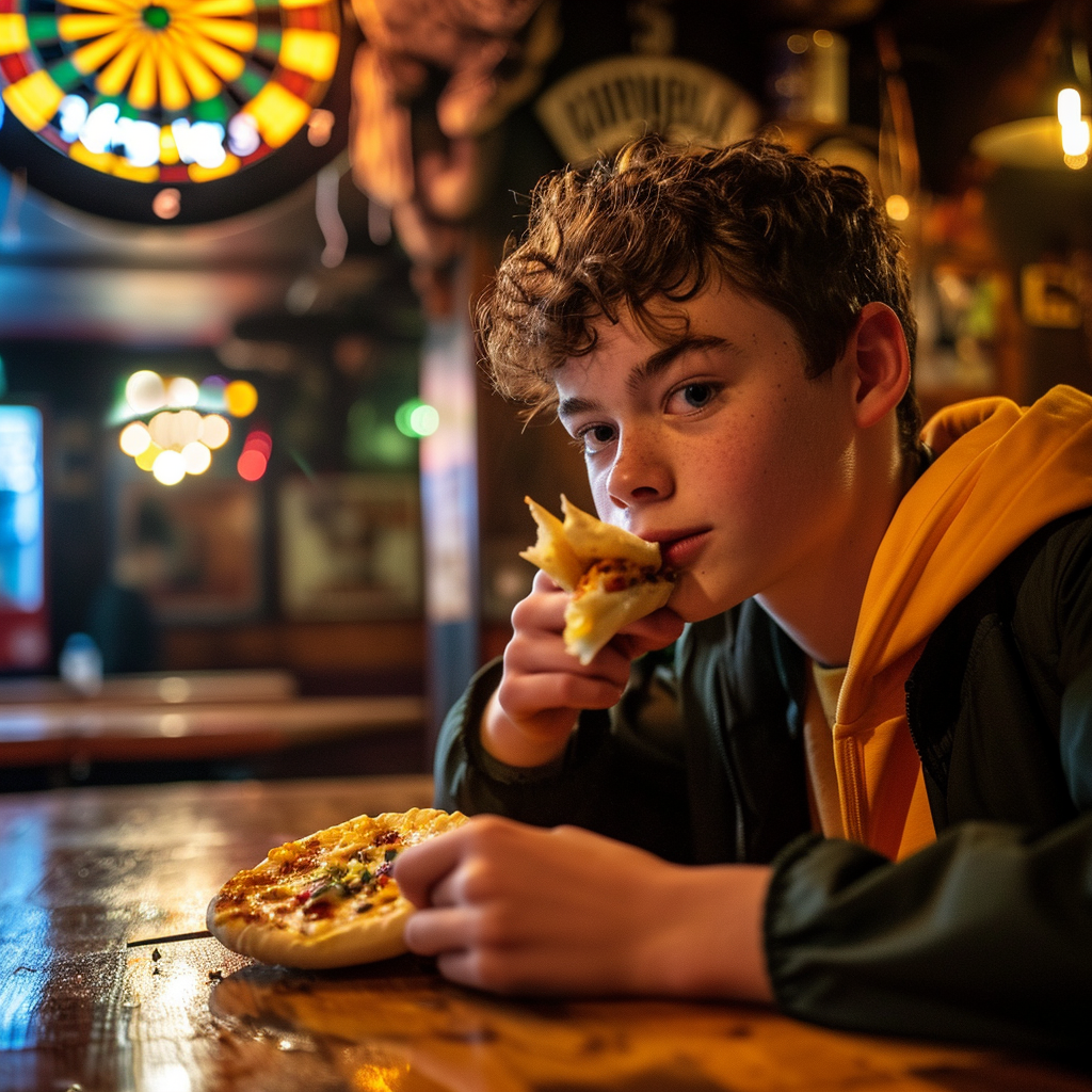 Teenage dart player enjoying a kebab