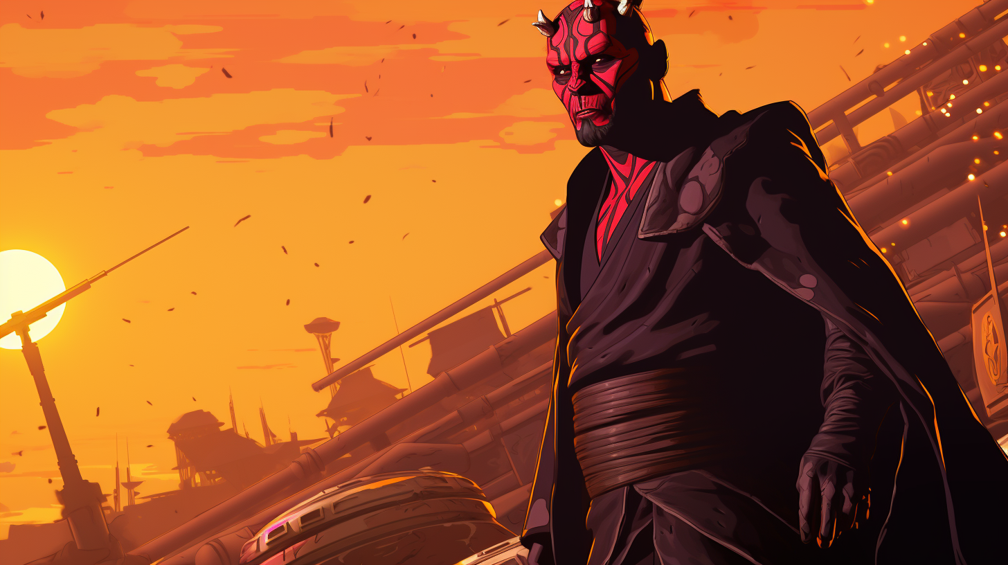 Darth Maul wielding a yellow lightsaber on Tatooine